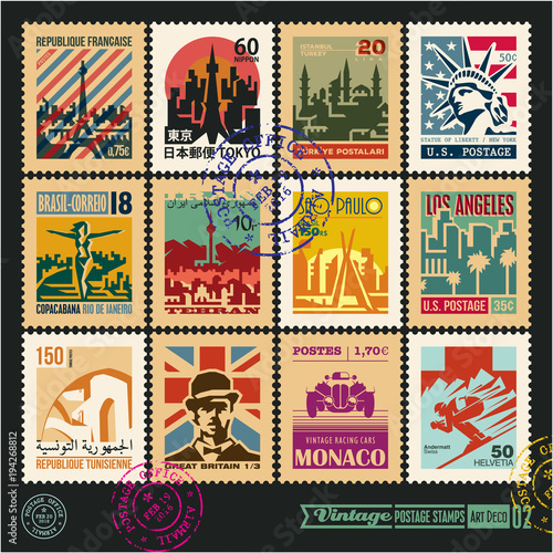 postage stamps, cities of the world, vintage travel labels and badges set, art deco style vector posters collection, seal and postmark design templates set 2