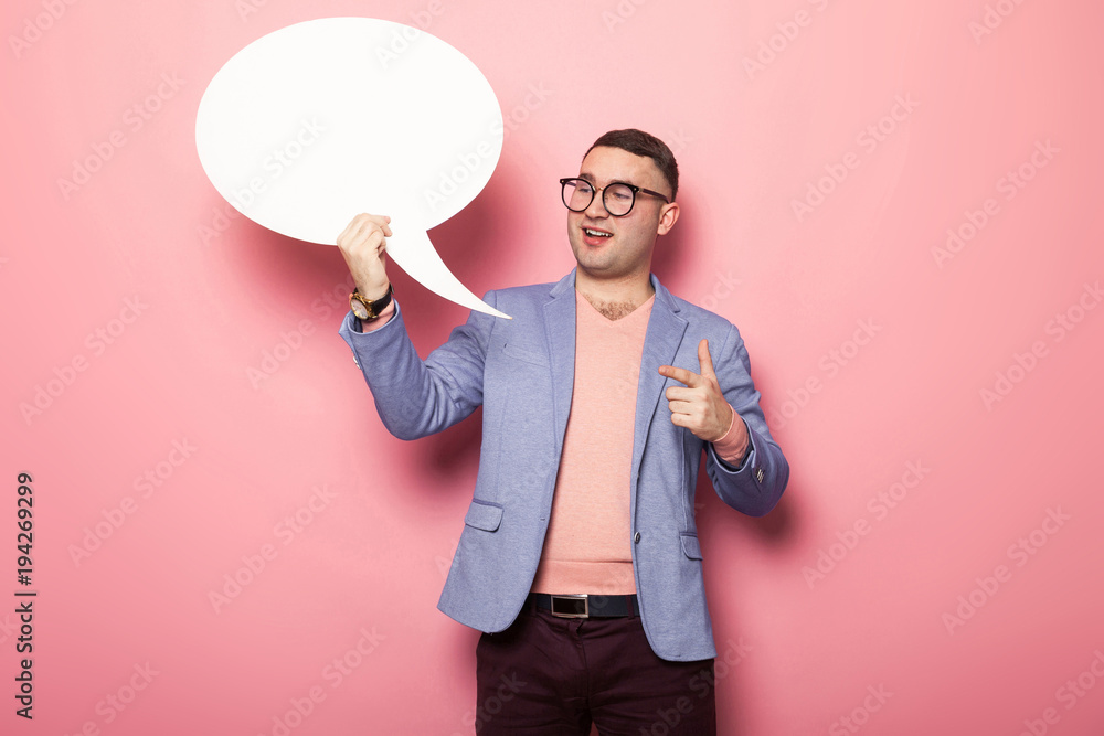 Handsome man in bright jacket with speech bubble Handsome man in bright jacket with speech bubble
