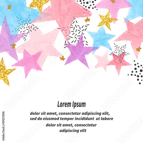 Abstract vector celebration background with colorful watercolor stars and place for text.