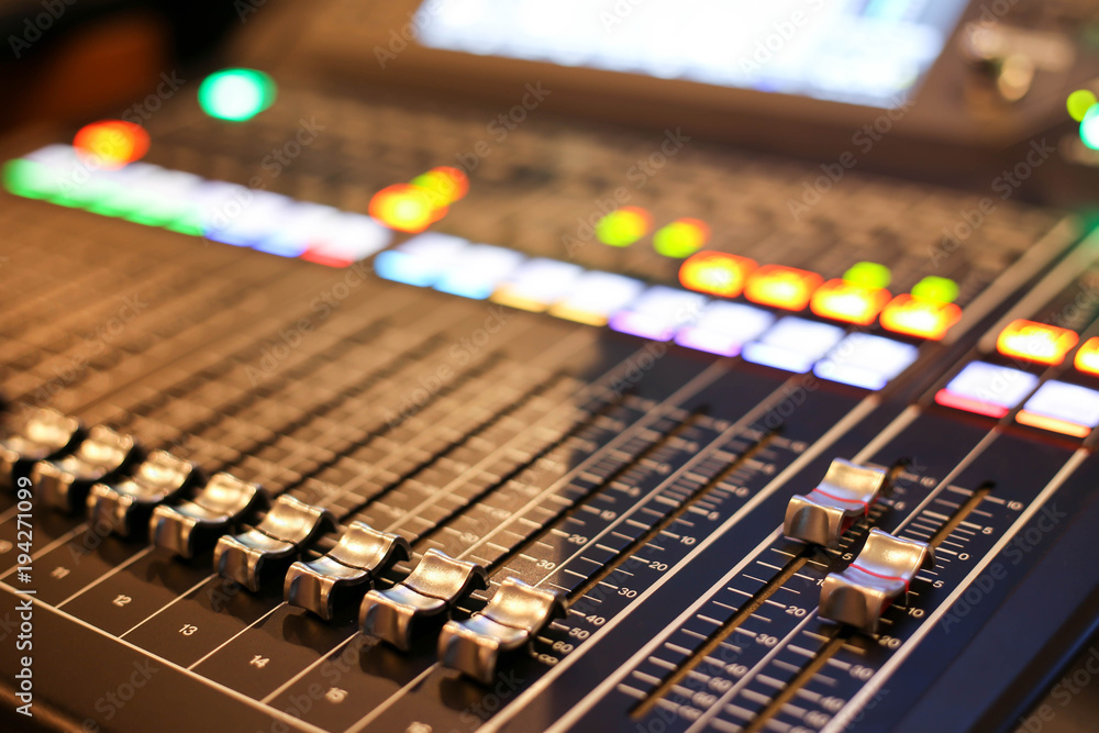Equipment for sound mixer control in studio TV station, Audio and Video Production Switcher of Television Broadcast. Equipment for sound mixer control in studio TV station, Audio and Video Production Switcher of Television Broadcast.