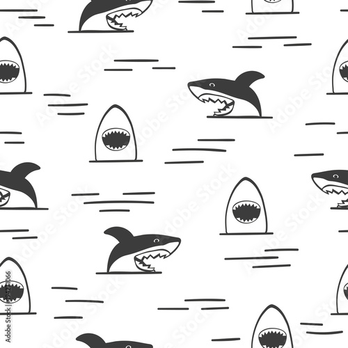 Seamless sharks pattern. Shark attack, black and white vector illustration.