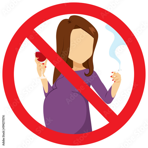Young faceless pregnant woman with red prohibitory sign drinking and smoking bad habit concept