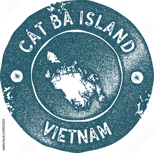 Cat Ba Island map vintage stamp. Retro style handmade label, badge or element for travel souvenirs. Blue rubber stamp with island map silhouette. Vector illustration.