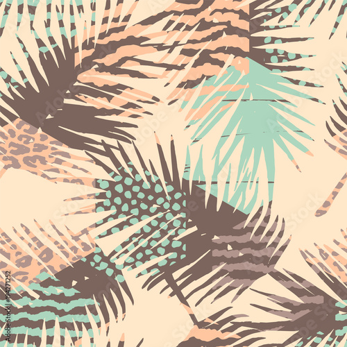 Abstract seamless pattern with animal print, tropical plants and geometric shapes.