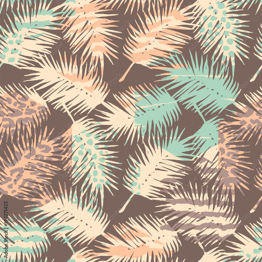 Abstract seamless pattern with animal print, tropical plants and geometric shapes.