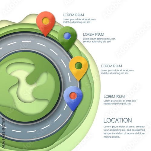 Road infographics template. Way location and GPS navigation concept. Paper cut style vector illustration of multicolor pin map symbol, waypoint marker on the roundabout.