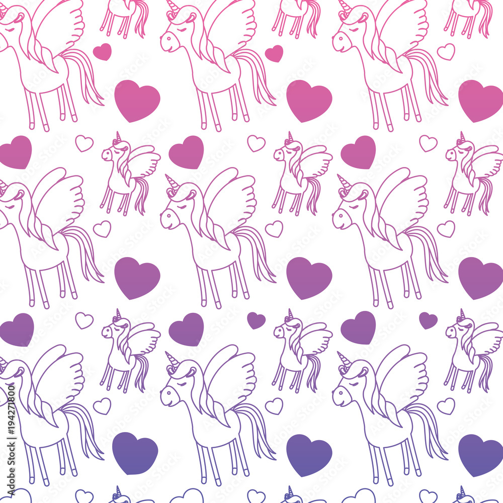 cute unicorn and hearts kawaii pattern vector illustration design