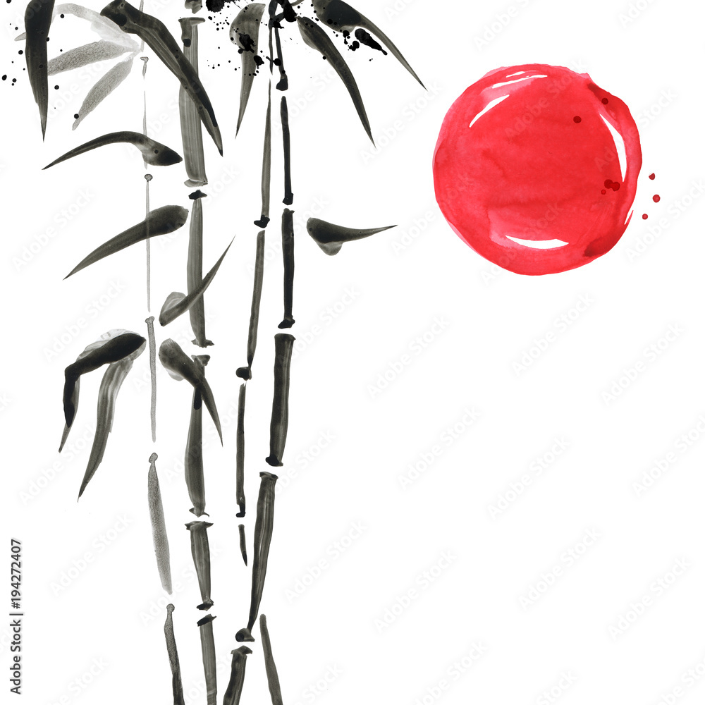 Bamboo in Japanese painting style. Traditional Beautiful watercolor