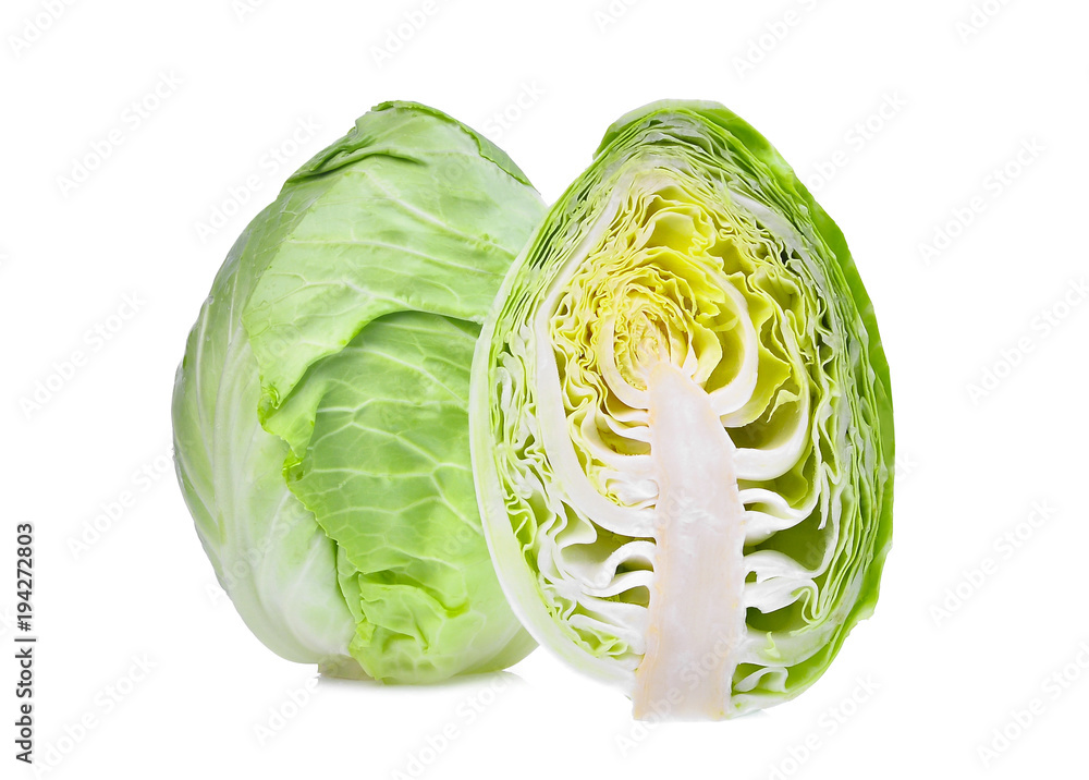 Obraz premium whole and half sliced green pointed cabbage with half isolated on white background