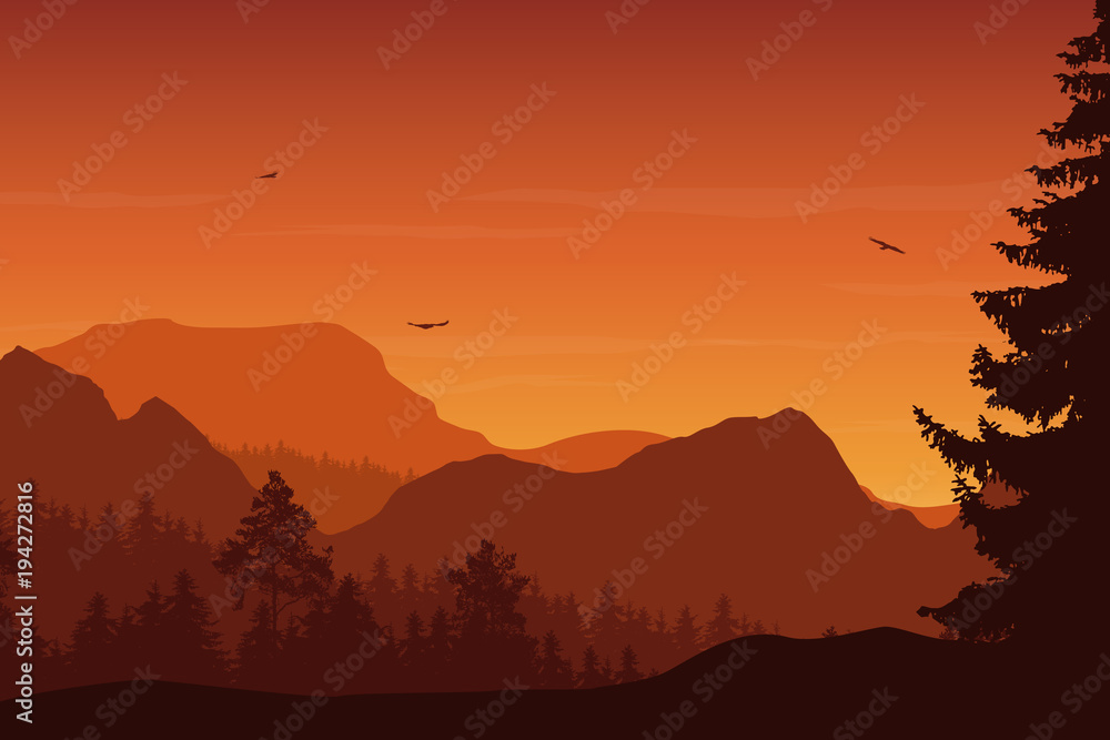 Mountain landscape with forest, under a orange sky Mountain landscape with forest, under a orange sky