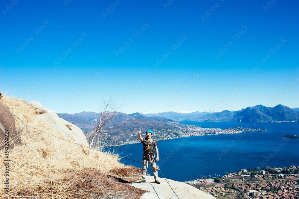 Obraz premium Italy-Baveno-Piedmont-10 March 2017-mountaineer along via ferrata, Picasass