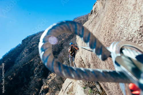 Italy-Baveno-Piedmont-10 March 2017-mountaineer along via ferrata, Picasass