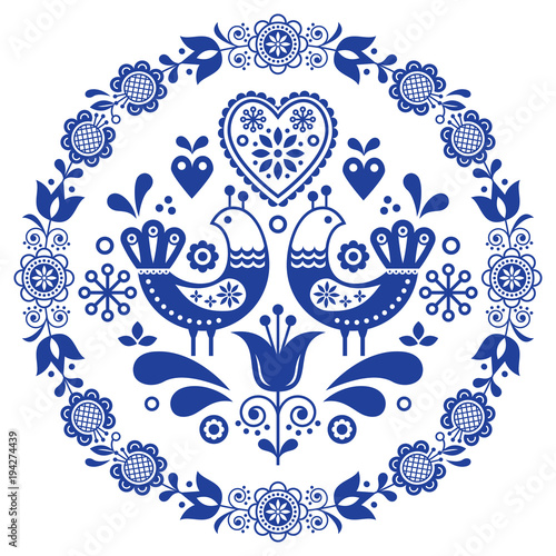 Folk art vector round ornamental frame with birds, hearts, and flowers, Scandinavian design in circle, floral composition
