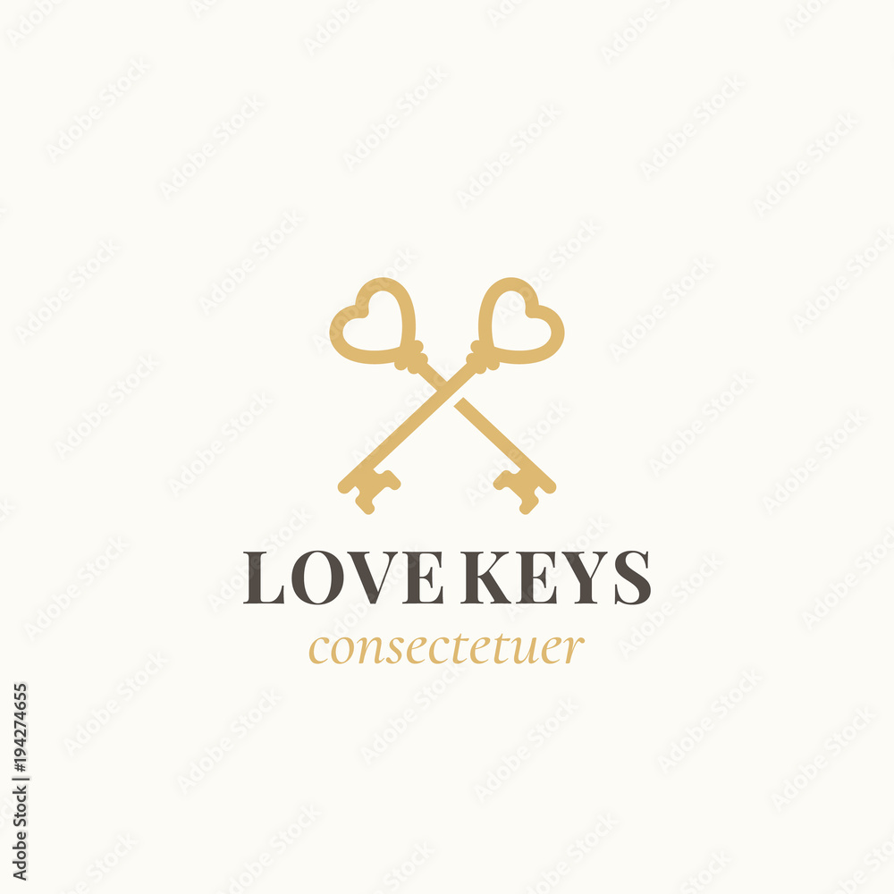 Love Keys. Abstract Vector Sign, Symbol or Logo Template. Crossed Keys Sillhouettes with Heart Elements and Classy Retro Typography. Vintage Vector Emblem. Love Keys. Abstract Vector Sign, Symbol or Logo Template. Crossed Keys Sillhouettes with Heart Elements and Classy Retro Typography. Vintage Vector Emblem.