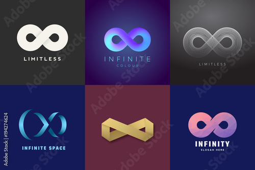 Abstract Vector Infinity Symbols Set. Modern Gradients and Typography, Soft Shadows. A Collection of Limitless Sign Logo Templates on Dark Backgrounds