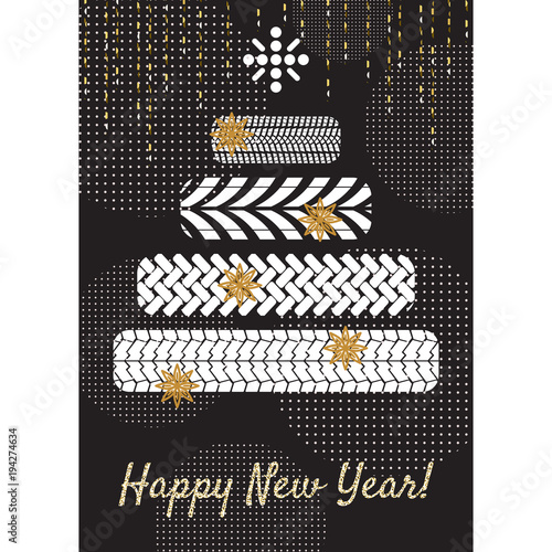 Tire new year tree greeting card concept.