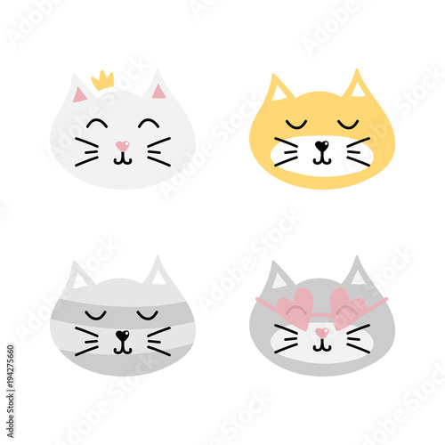 Set  collection of cute cartoon cats isolated on white background.