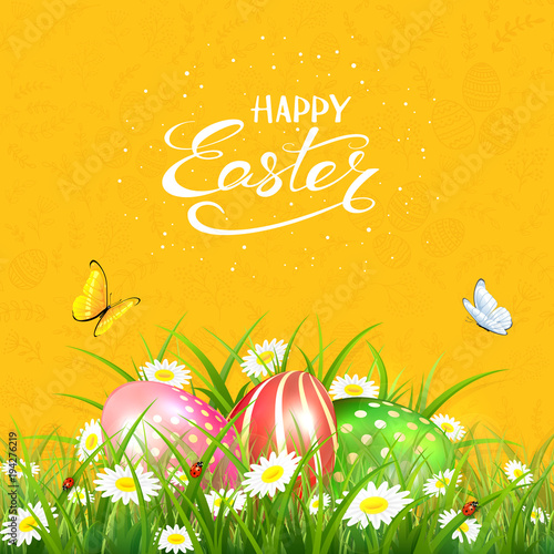 Orange background with butterflies and Easter eggs in grass