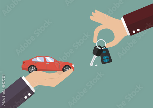 Hand gives a keys to other hand with car