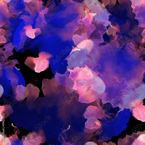 Pink, blue and purple seamless pattern watercolor blots on black background. Abstract watercolor pattern for background © Julia Poleeva