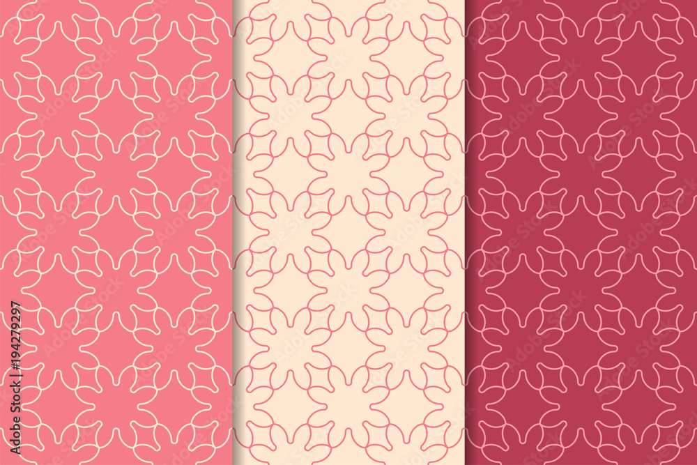 Set of geometric ornaments. Cherry red seamless patterns Set of geometric ornaments. Cherry red seamless patterns