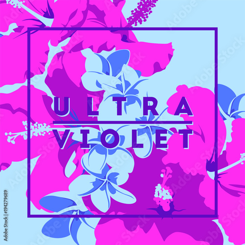 Ultraviolet Hawaiian tropical poster with, palm leaves and flowers.
