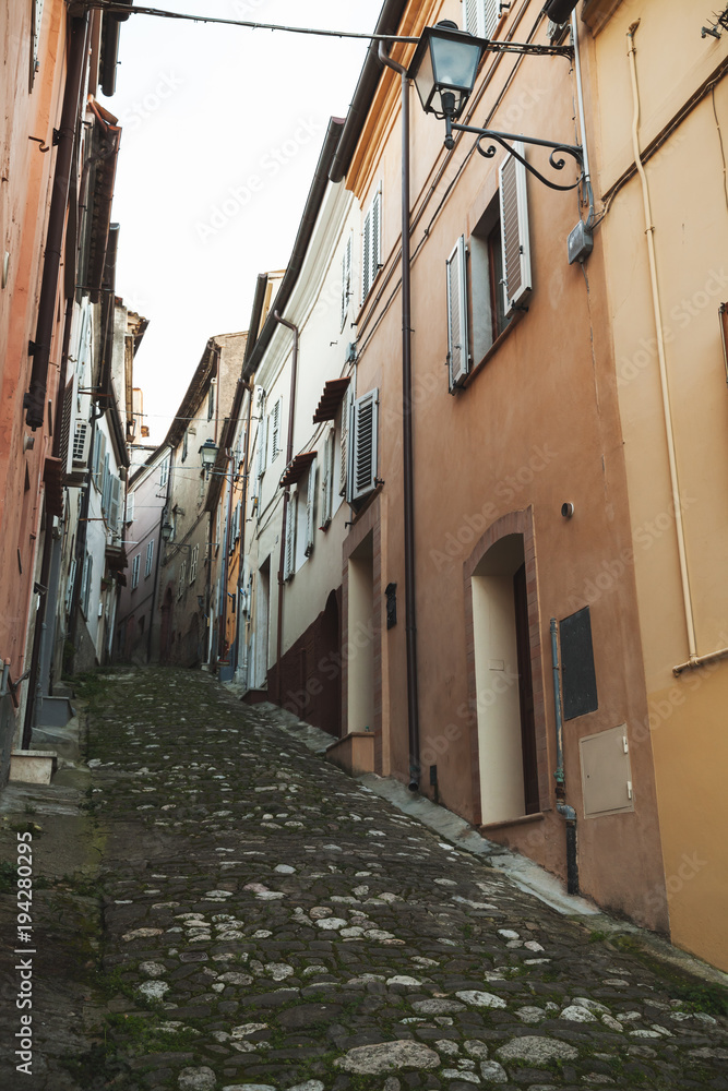 Vertical street view of Fermo, Italian town