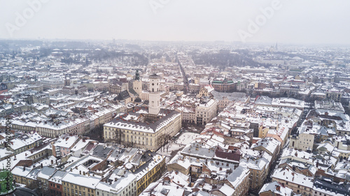 February, 2018 - Lviv, Ukraine. Top View of Lviv City Centre in snow from above in winter. Top view of city council.
