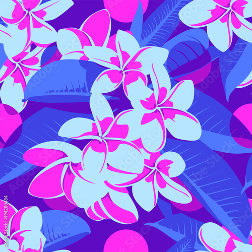 Fototapeta Naklejka Na Ścianę i Meble -  Seamless Ultraviolet Hawaiian tropical pattern with, palm leaves and flowers.