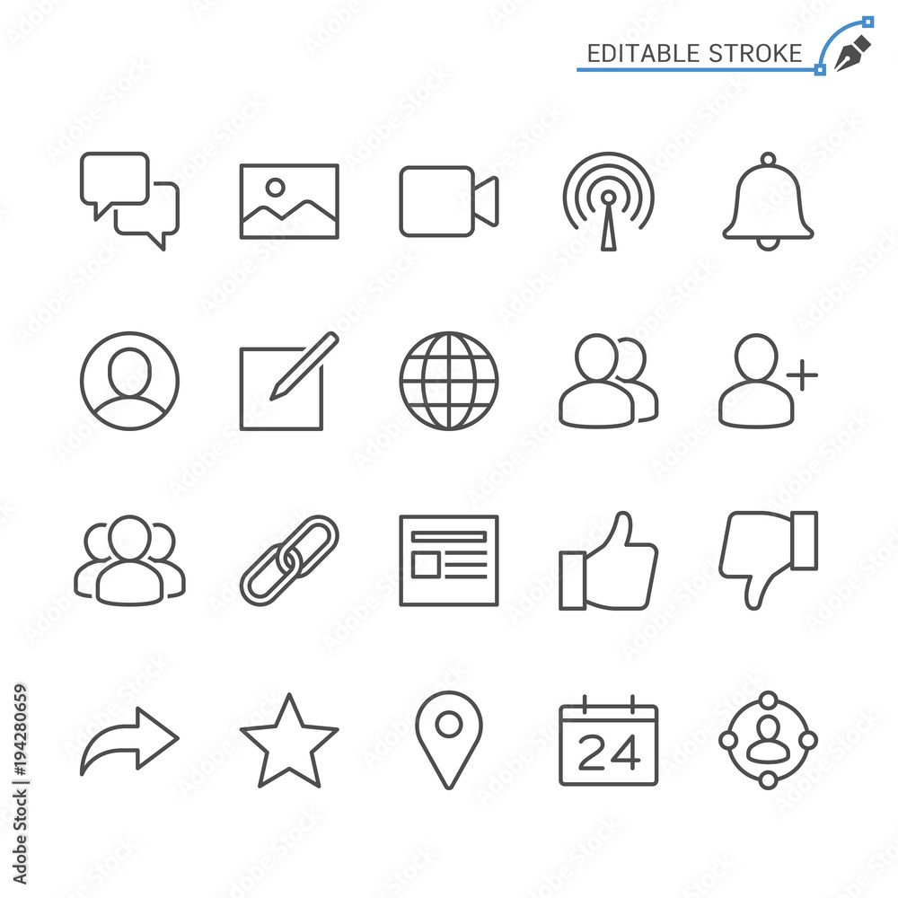 Fototapeta premium Social network line icons. Editable stroke. Pixel perfect.