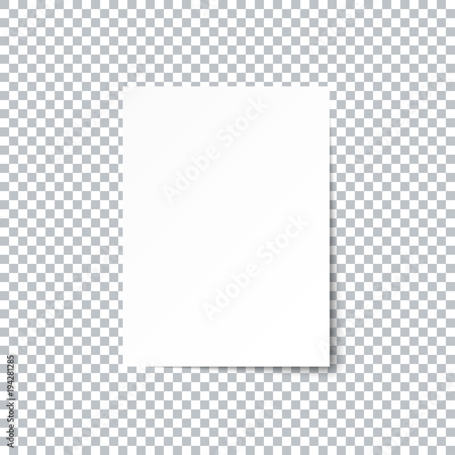 White empty paper sheet with shadow on transparent background. Vector EPS10