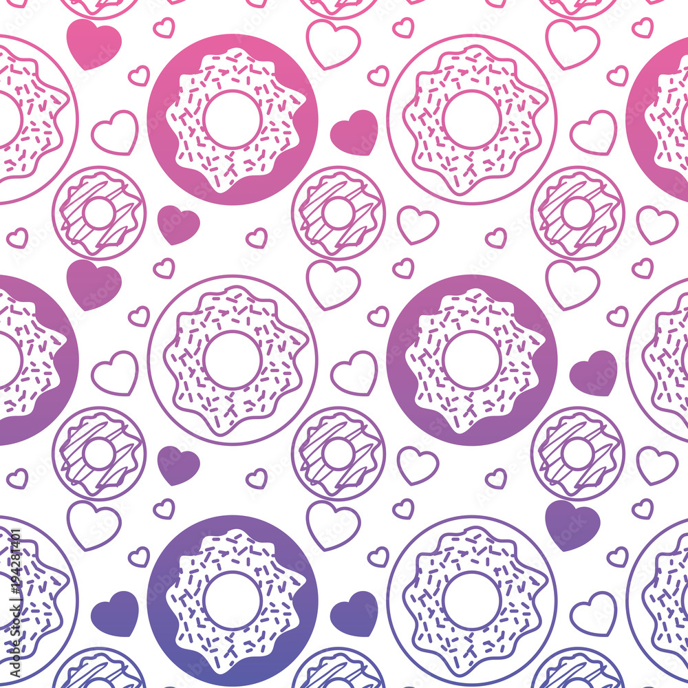 delicious and sweet donuts and hearts pattern background vector illustration design