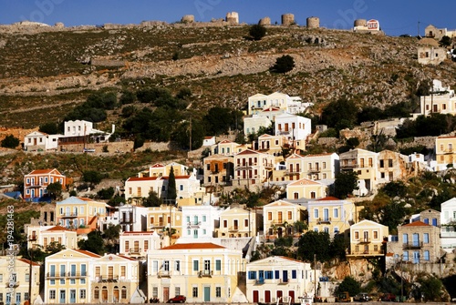 Houses in Yalos, the port of Symi. Syni island, Dodecanese islands, Greece.