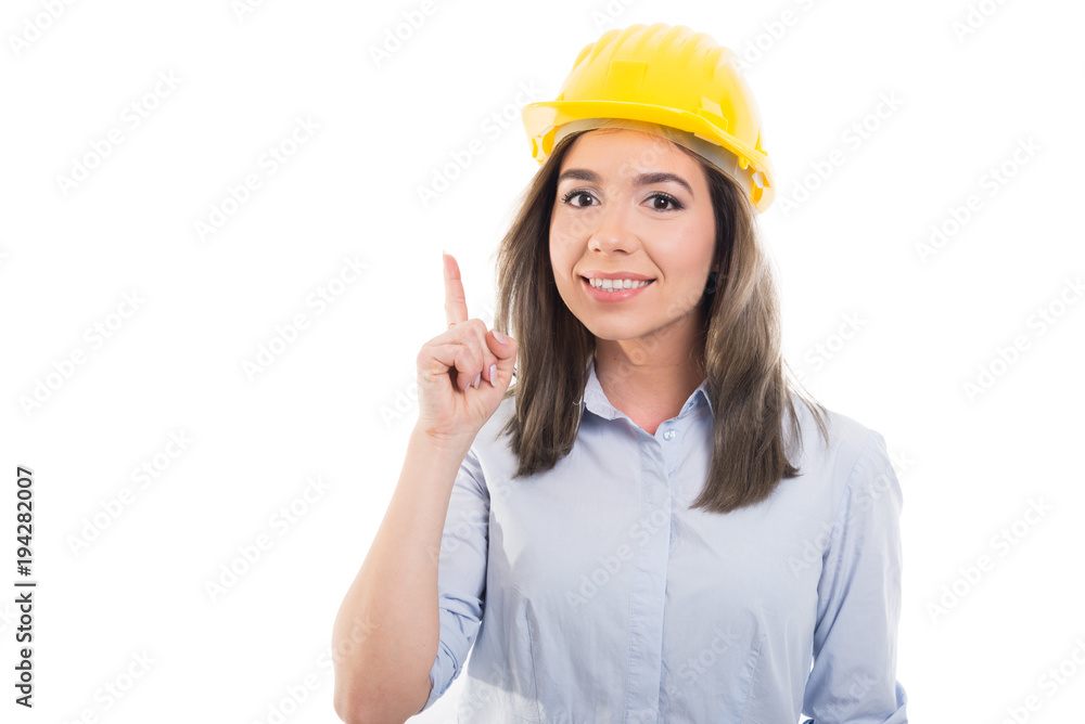 Portrait of female constructor making idea gesture. Portrait of female constructor making idea gesture.
