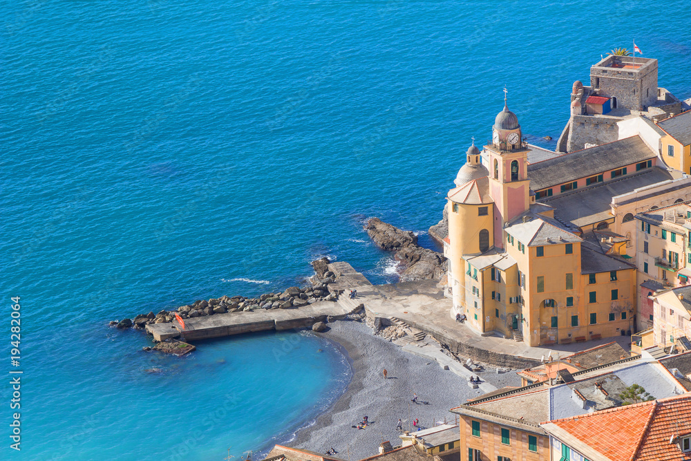 Beautiful town in Camogli Italy, European travel, Beautiful landscape with blue sea and blue sky and cityscape with bright day, Aerial view of Camogli a characteristic famous place Genoa Italy.