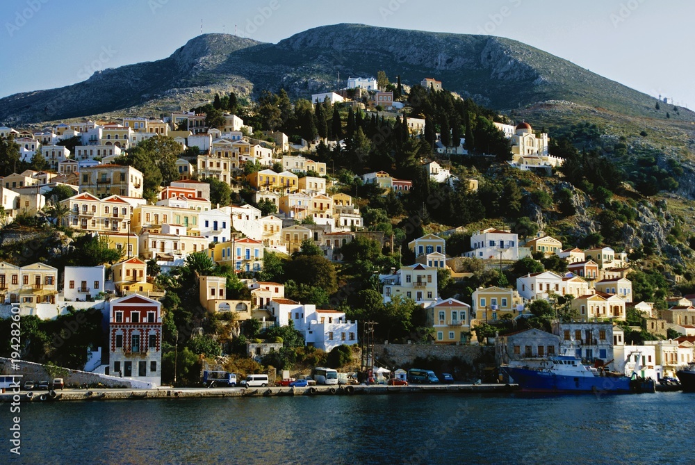 Houses in Yalos, the port of Symi. Symi island, Dodecanese islands, Greece.