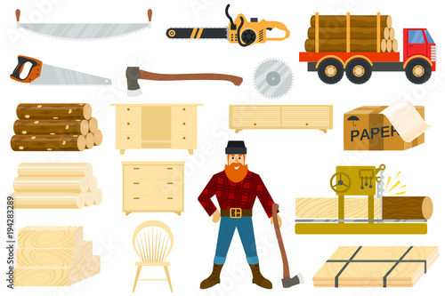 Timber vector woodcutter character or logger saws lumber or hardwood set of wooden timbered materials in sawmill isolated on white background