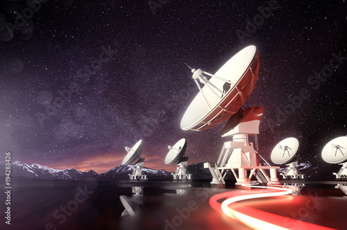Radio telescopes searching for astronomical objects at night. 3D illustration. photo