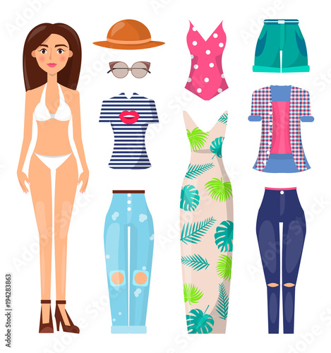 Woman and Clothes Set Poster Vector Illustration