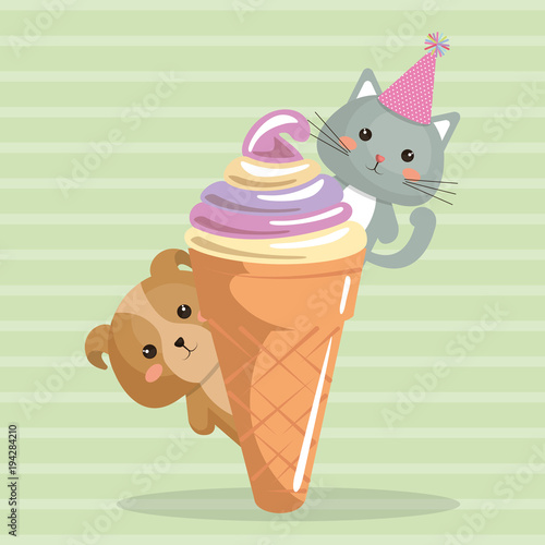 cute dog and kat with ice cream kawaii birthday card vector illustration design