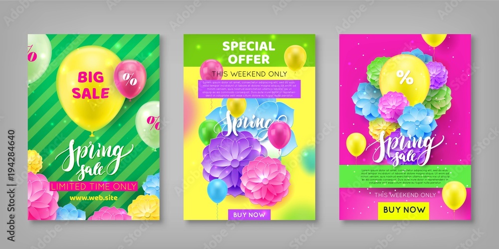 Banner, spring sale discount, colorful background. invitational flyer for seasonal sell-out lasting week. Vector illustration of auction of incredible generosity