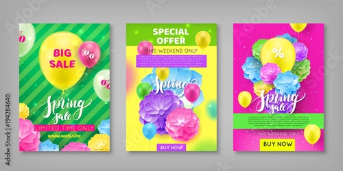 Banner  spring sale discount  colorful background. invitational flyer for seasonal sell-out lasting week. Vector illustration of auction of incredible generosity