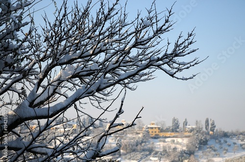 Winter scene on the hill near Piazzale Michelangelo in Florence after a big snowfall. Italy.