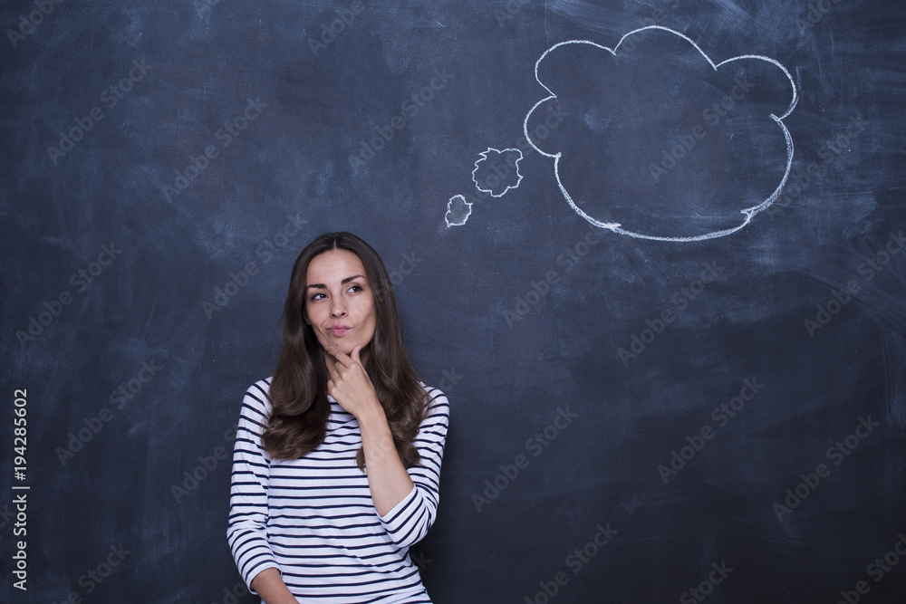 Did I do the right thing? Portrait of confused businesswoman on blackboard