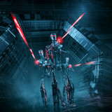 Robot patrol attacks / 3D illustration of science fiction scene with three military robots advancing through spaceship corridor firing laser rifles