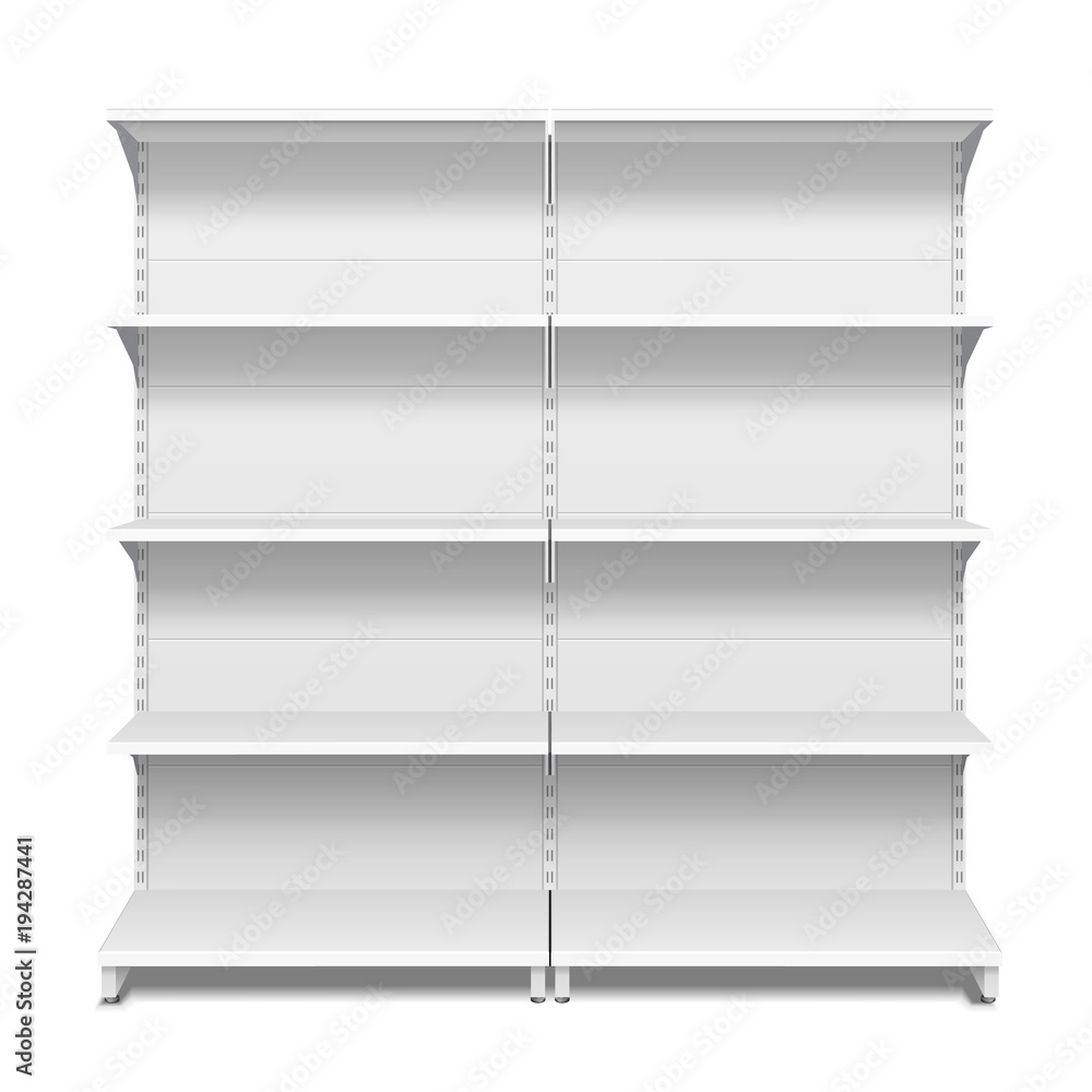 Blank Empty Showcase Display With Retail Shelves. 3D. Front View. Mock Up, Template. Illustration Isolated On White Background. Ready For Your Design. Product Advertising. Vector EPS10 Blank Empty Showcase Display With Retail Shelves. 3D. Front View. Mock Up, Template. Illustration Isolated On White Background. Ready For Your Design. Product Advertising. Vector EPS10