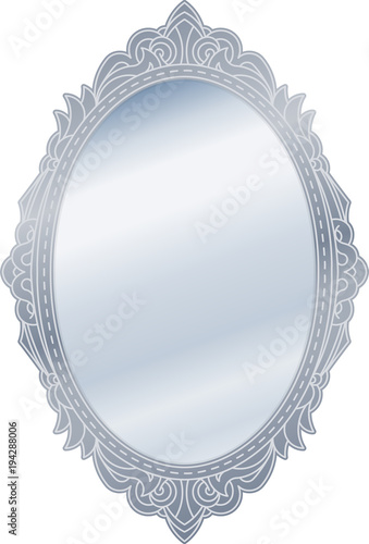 Mirror in retro vintage oval ornate silver border frame. Vector illustration.