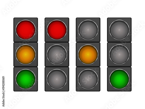 Set of 4 modern led traffic light with different sequence of switching-on red, yellow, green lights.