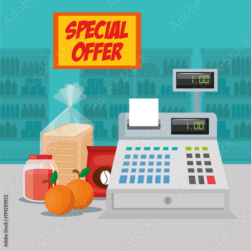 supermarket groceries with register machine vector illustration design