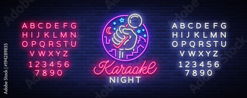 Karaoke night vector. Neon sign, luminous logo, symbol, light banner. Advertising bright night karaoke bar, party, disco bar, night club Live music. Design template. Editing text neon sign